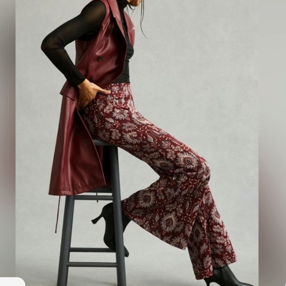 Anthropologie Damask Jacquard Flare‎ Pants Burgundy White Floral Pants Leggings